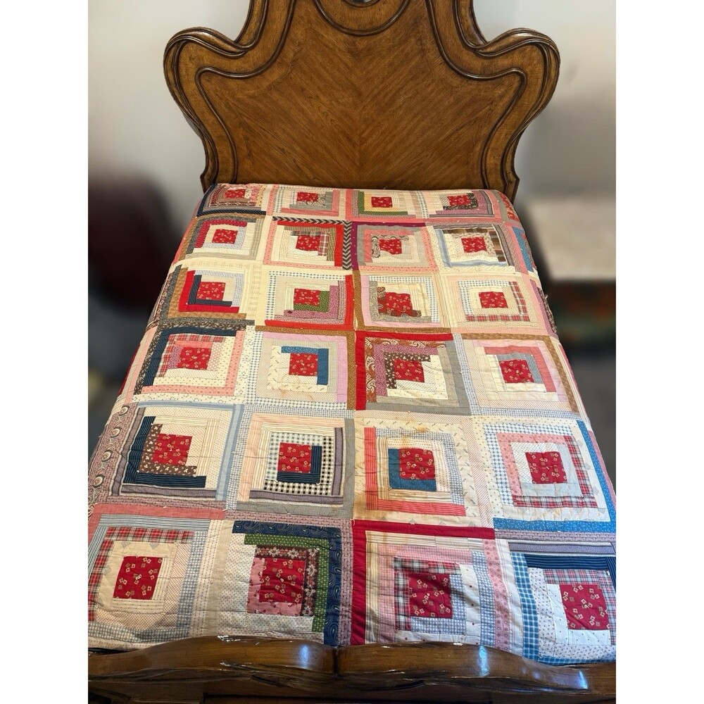 Antique Log Cabin Style Quilt Queen Size 82” X 74” Reversible Red Cream Boxes